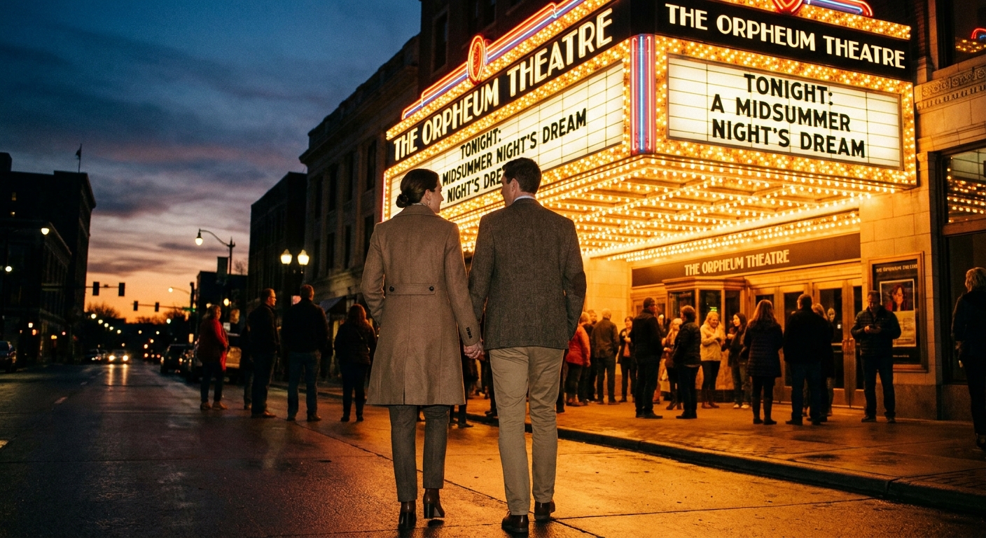 A couple in smart casual outfits walking toward a theater entrance at dusk under glowing marquee lights