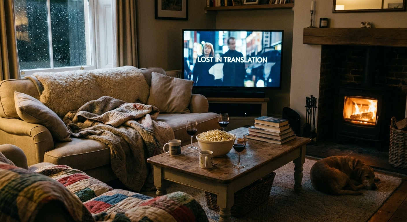 A cozy living room at night with a television playing a movie, a couch with blankets, and a coffee table set with popcorn and drinks