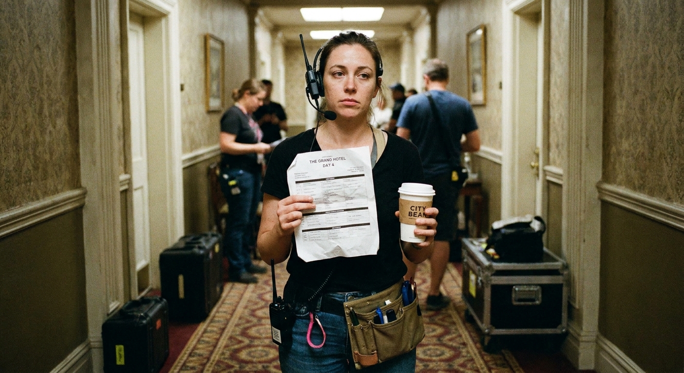 A crew member standing in a hotel hallway holding a call sheet and a takeout cup of coffee