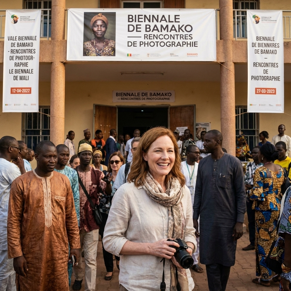 A crowd of visitors entering a biennale exhibition venue in Bamako, with banners and signage indicating the photography event