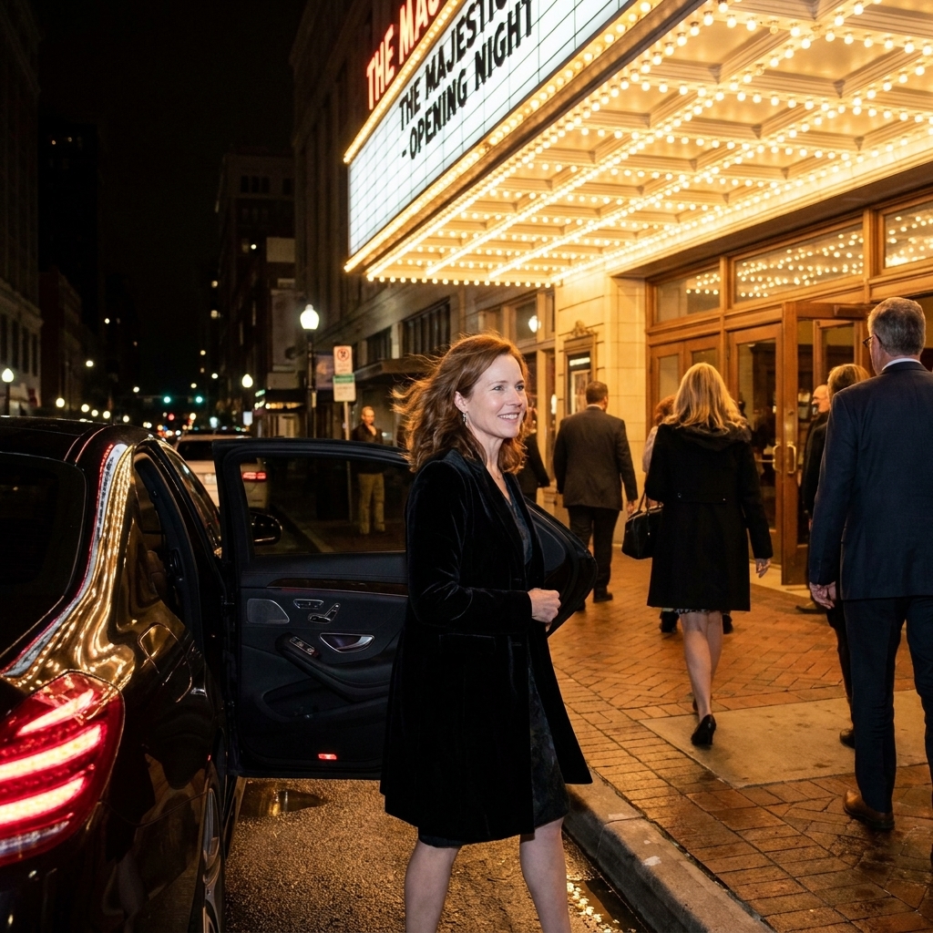 A curbside drop-off area outside a downtown theatre with a curb cut and patrons arriving under marquee lights
