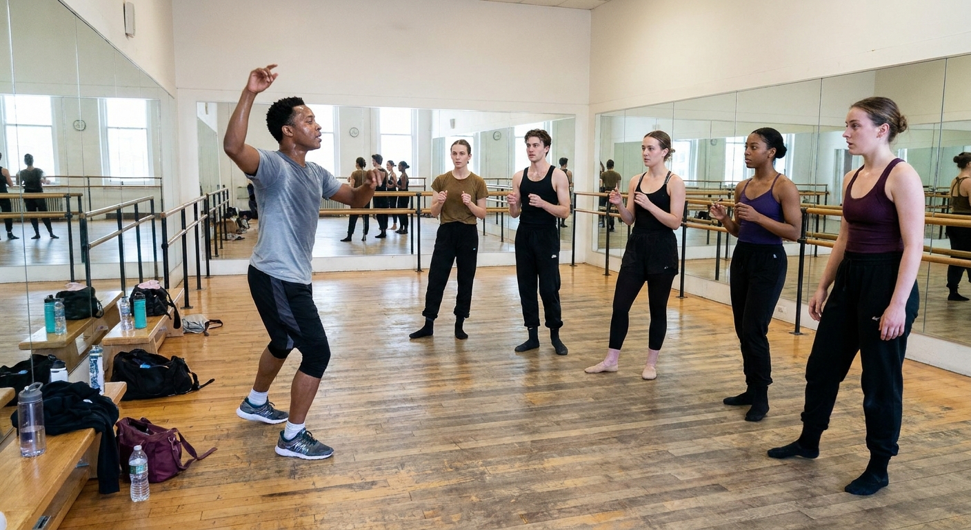 A dance captain in a rehearsal studio demonstrating choreography while several performers watch and mark the steps, mirrors and ballet barres visible.