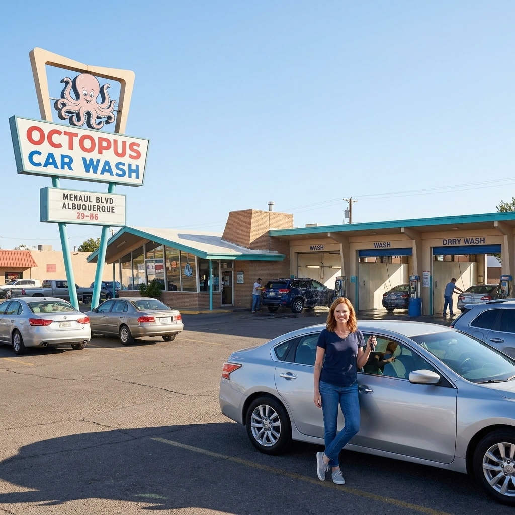 A daylight photograph of Octopus Car Wash in Albuquerque with wash bays, signage, and parked cars visible from the lot