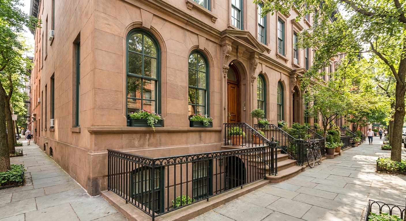 A daylight photograph of a classic West Village brownstone on Perry Street with a small stoop and iron railing, viewed from the sidewalk