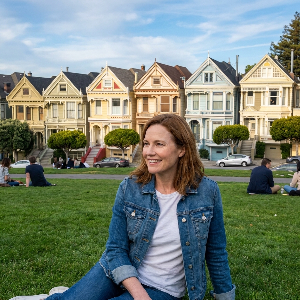 A daylight photograph of the Painted Ladies Victorian houses across from Alamo Square Park with a green lawn in the foreground