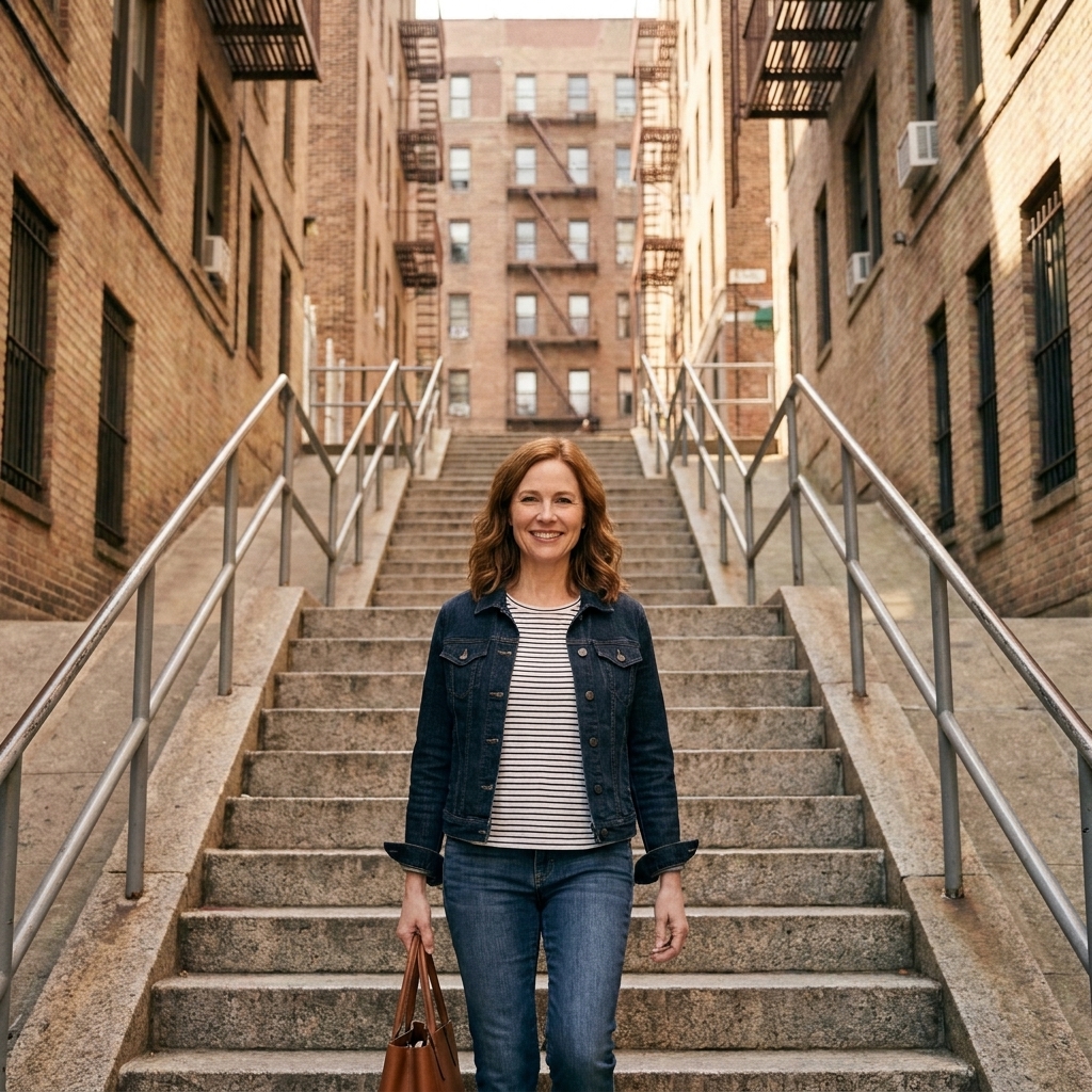 A daytime photograph looking up a long outdoor staircase in the Bronx with metal railings and apartment buildings along the sides