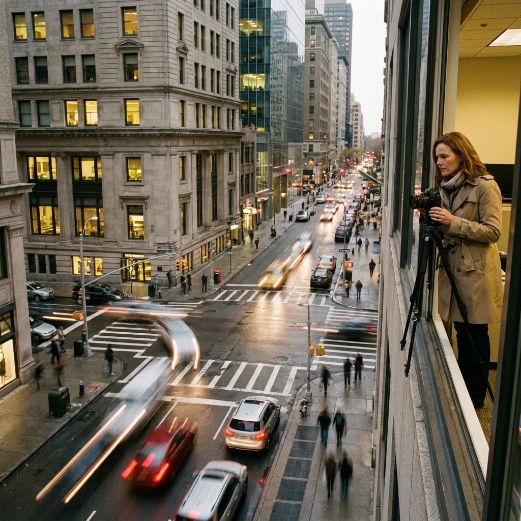 A dense urban scene captured in time-lapse with crowds and traffic blurring into streaks, framed from a high vantage point, documentary film still