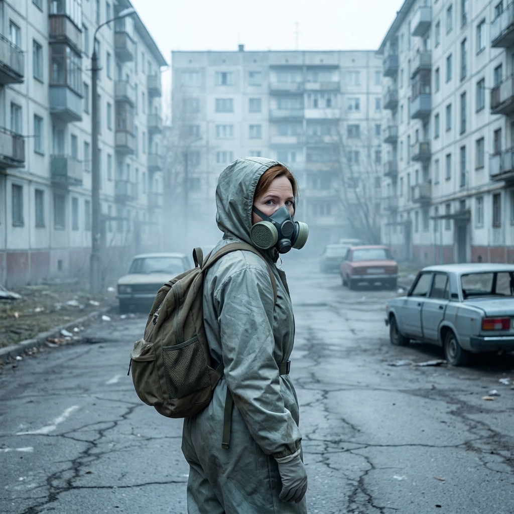 A deserted Soviet-era street with apartment blocks and light haze, a lone figure in protective gear walking past abandoned vehicles, ominous atmosphere