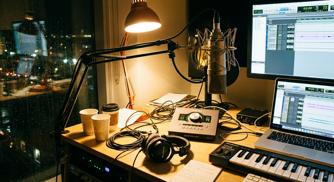 A desk setup with a studio microphone and recording equipment, lit like a late-night editing session