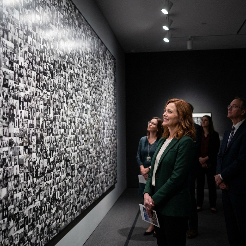 A dim gallery with a large-scale photographic installation and visitors standing at a distance to take in the full composition
