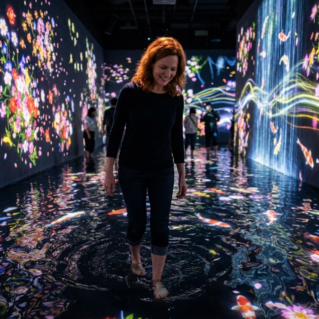 A dimly lit installation where visitors wade through shallow water reflecting large-scale digital projections on the walls and ceiling at teamLab Planets