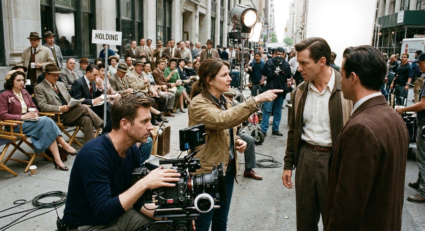 A director and cinematatographer watching a principal actor rehearse a scene while background performers wait near holding chairs on a busy film set