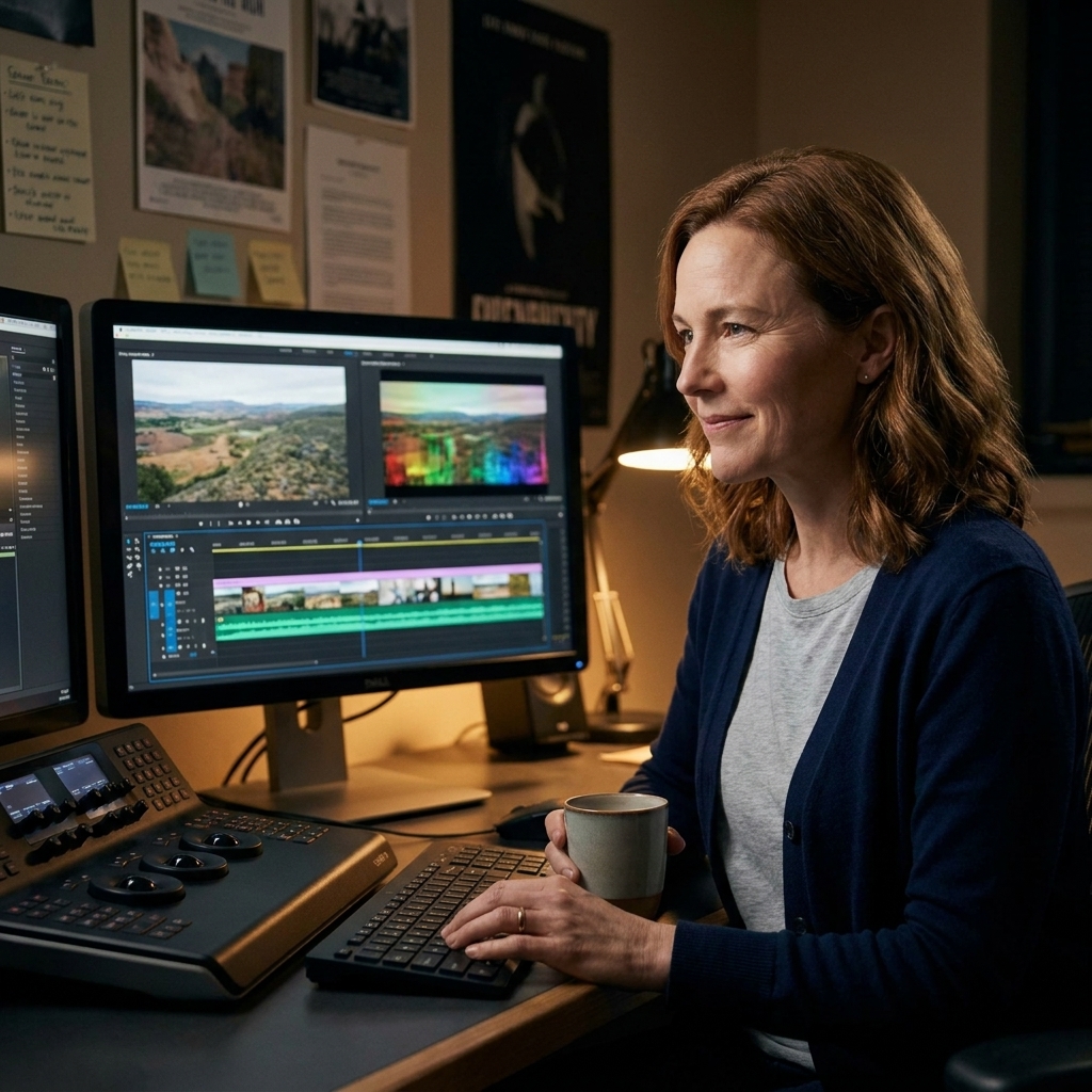 A documentary director seated at a workstation in an editing suite, looking at a timeline on a large monitor with color-corrected footage