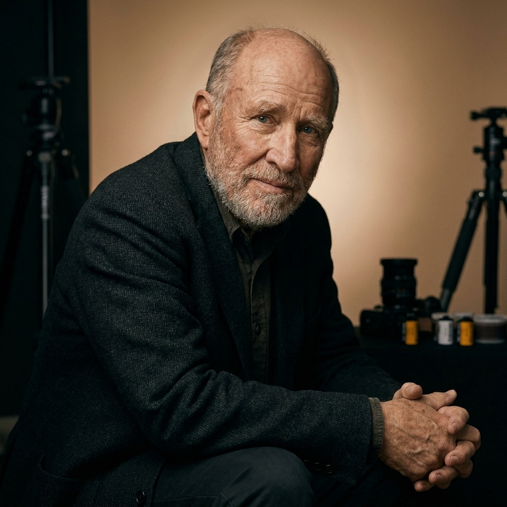 A documentary-style image of Sebastião Salgado in a dim studio setting, looking thoughtfully toward camera, with soft directional light emphasizing facial texture