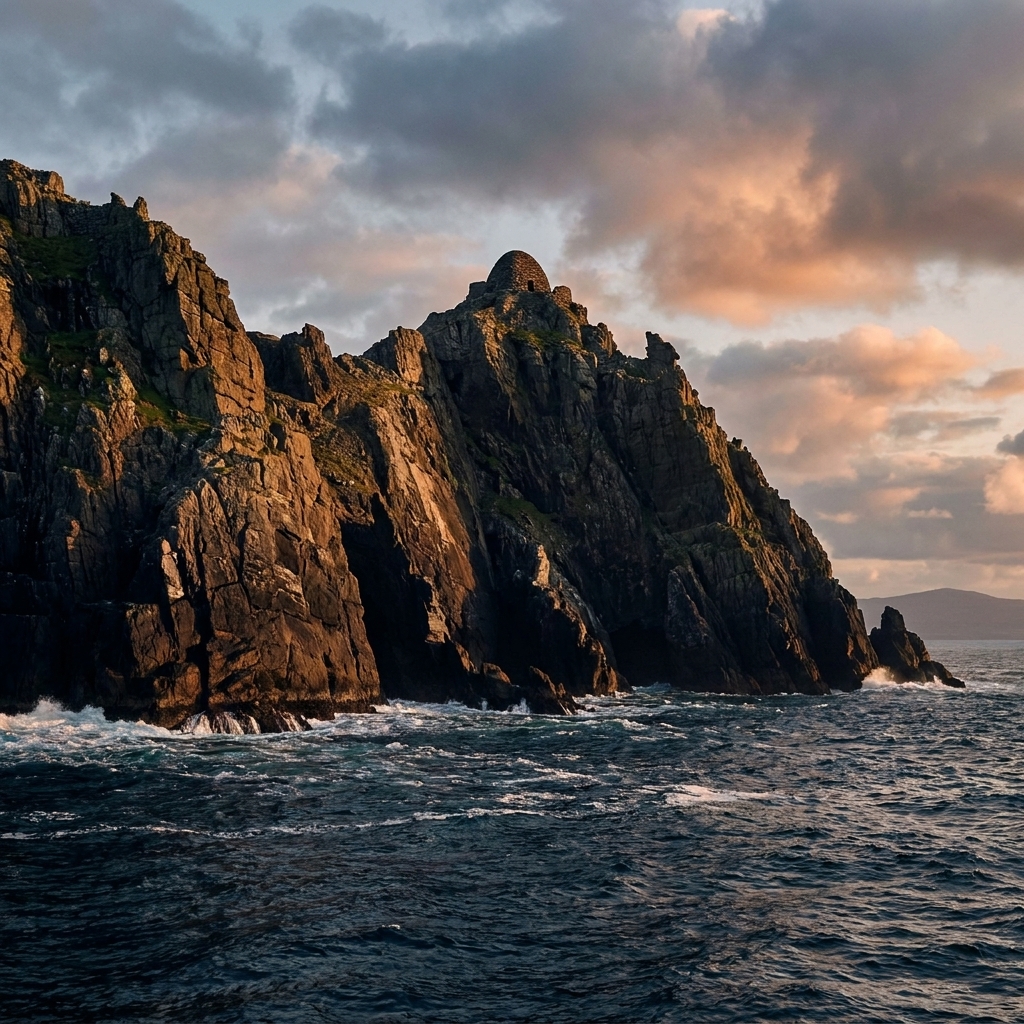 A dramatic photograph of Skellig Michael rising from the Atlantic Ocean with steep rocky cliffs and a small stone structure visible near the top