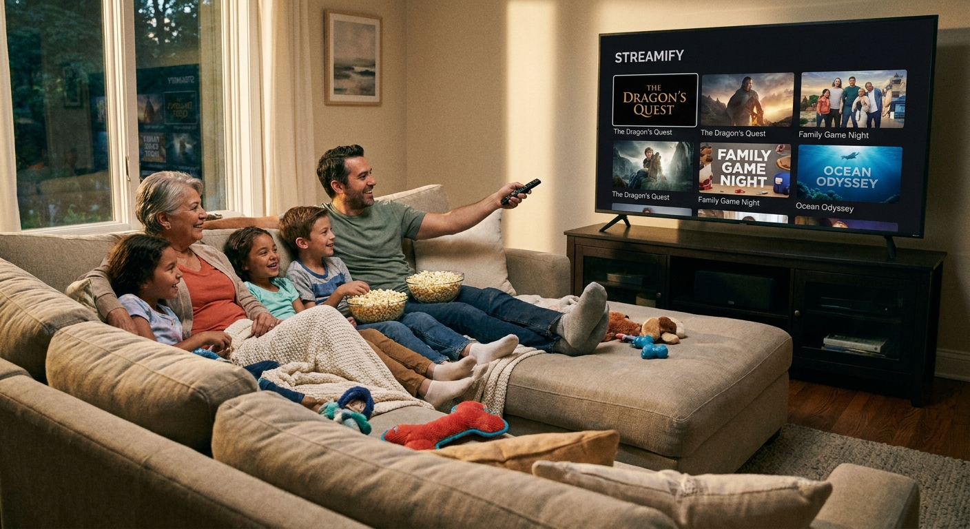 A family sits on a couch holding a remote and looking at a streaming menu on a television