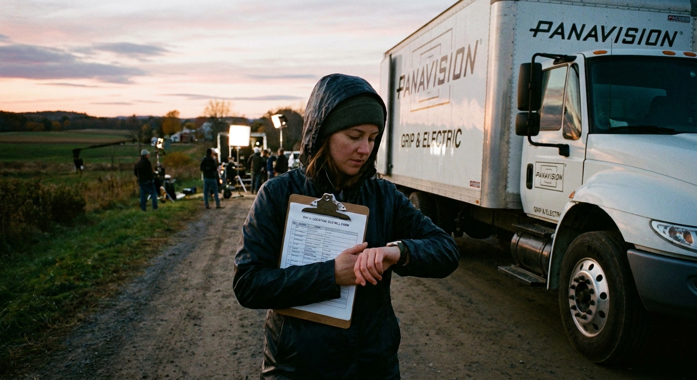 A film crew member holding a call sheet and checking the time near a production truck at dusk outside a location shoot
