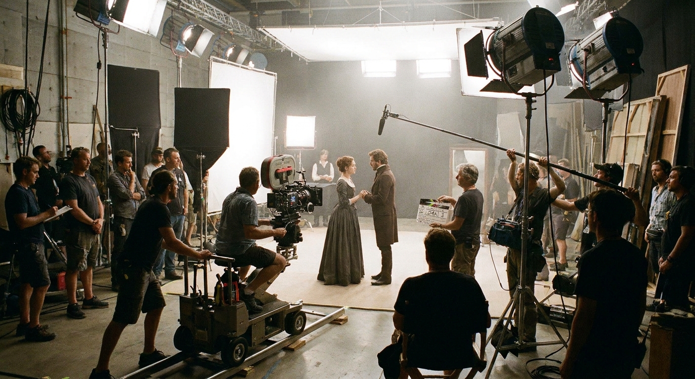 A film crew on a soundstage during principal photography, with a camera on a dolly aimed at two actors under bright studio lights