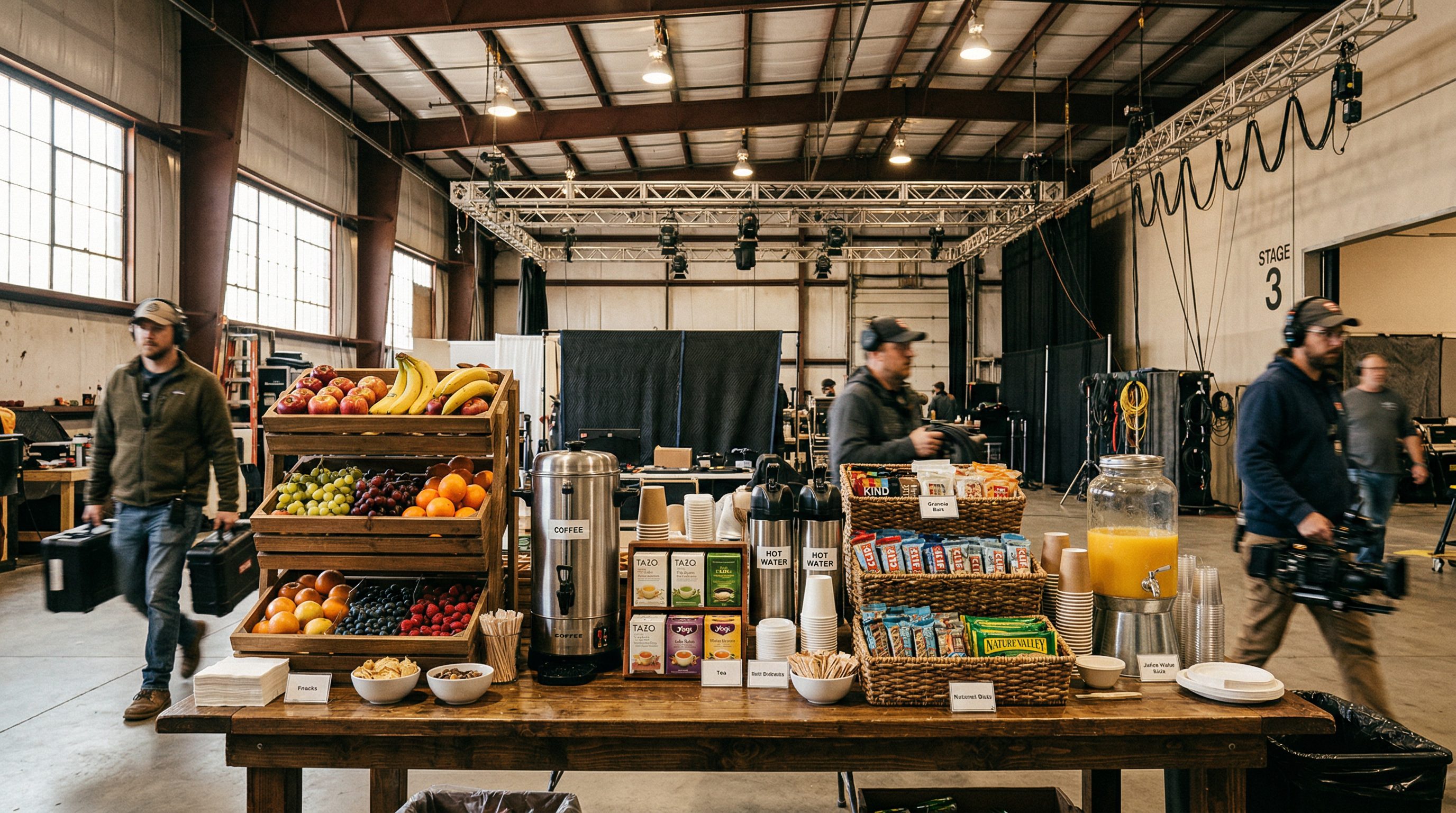 A film set catering station with a buffet line, covered chafing dishes, stacks of compostable plates, and crew members waiting in line outdoors