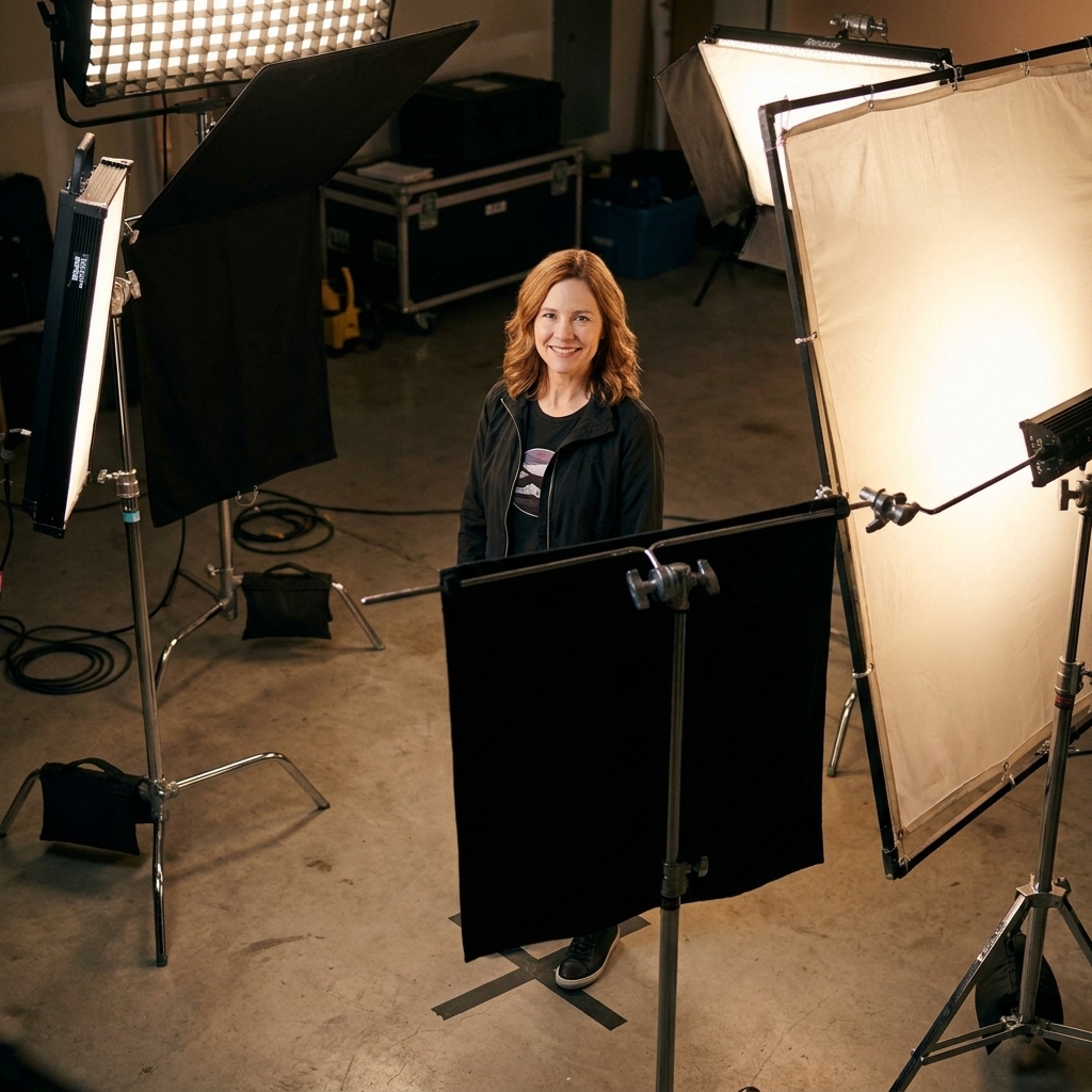 A film set with C-stands holding black flags and diffusion frames around an actor mark, with LED fixtures positioned just outside the camera frame