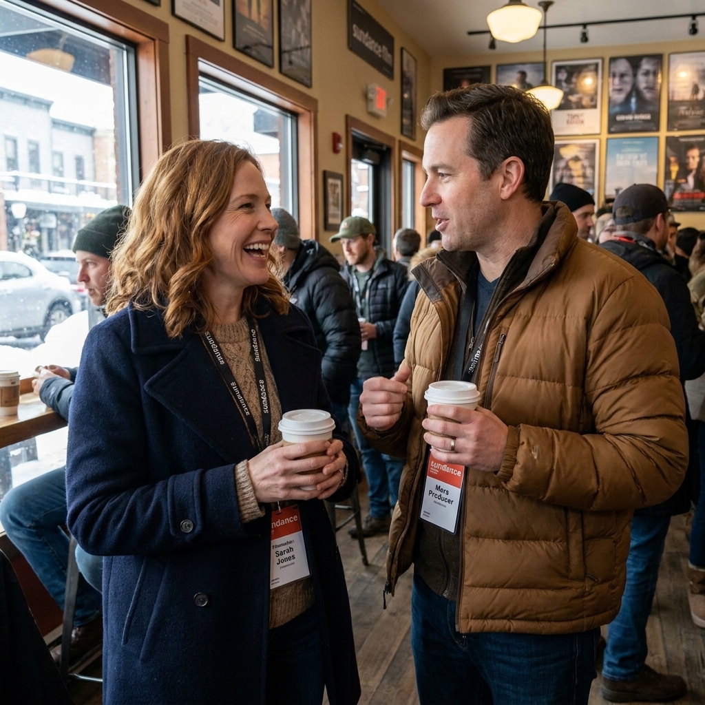 A filmmaker and a producer talking at a crowded coffee shop in Park City during Sundance, with winter coats and festival badges visible