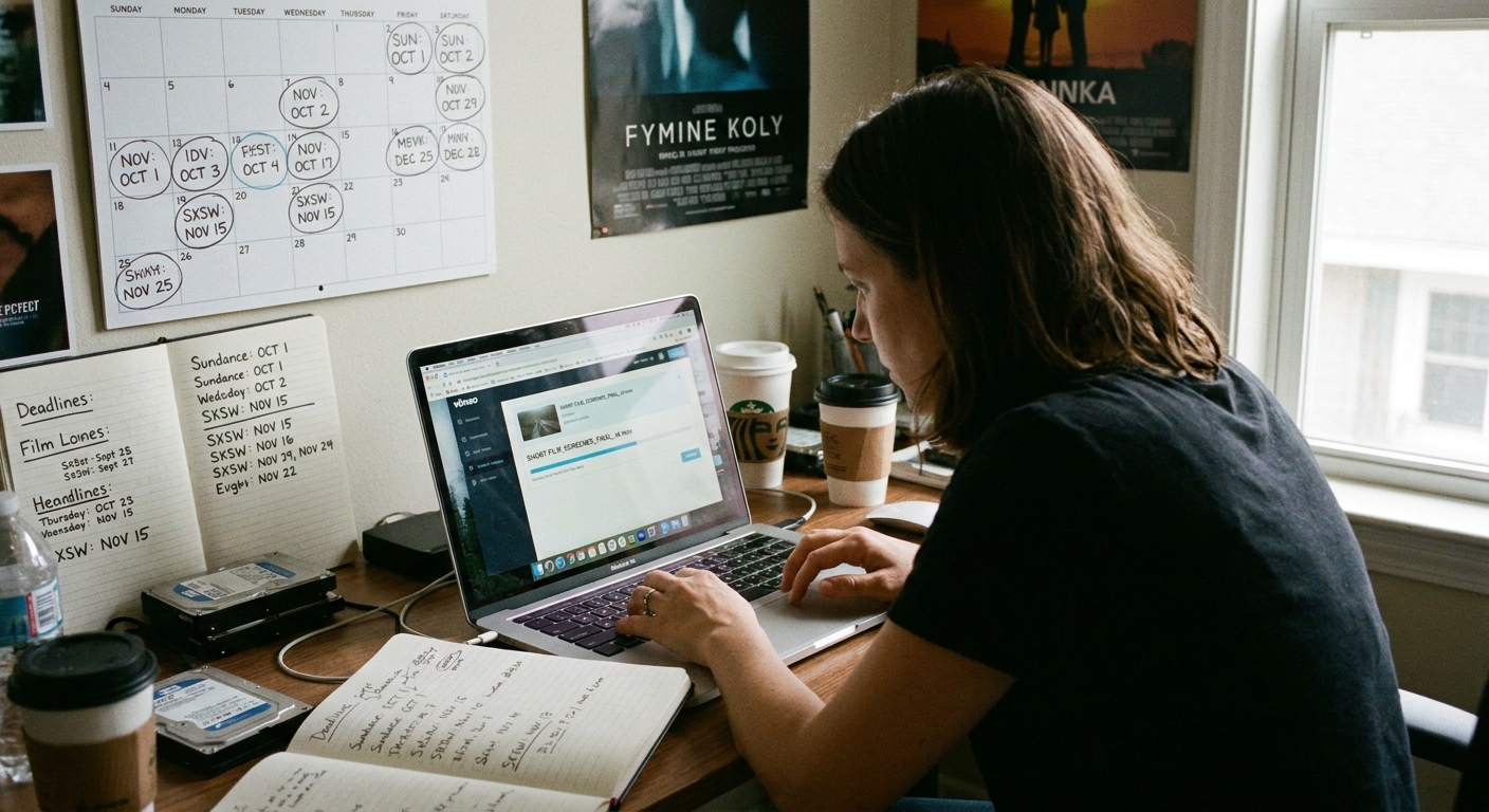 A filmmaker at a desk uploading a short film screener on a laptop, with a notebook of deadlines and a festival calendar beside the computer