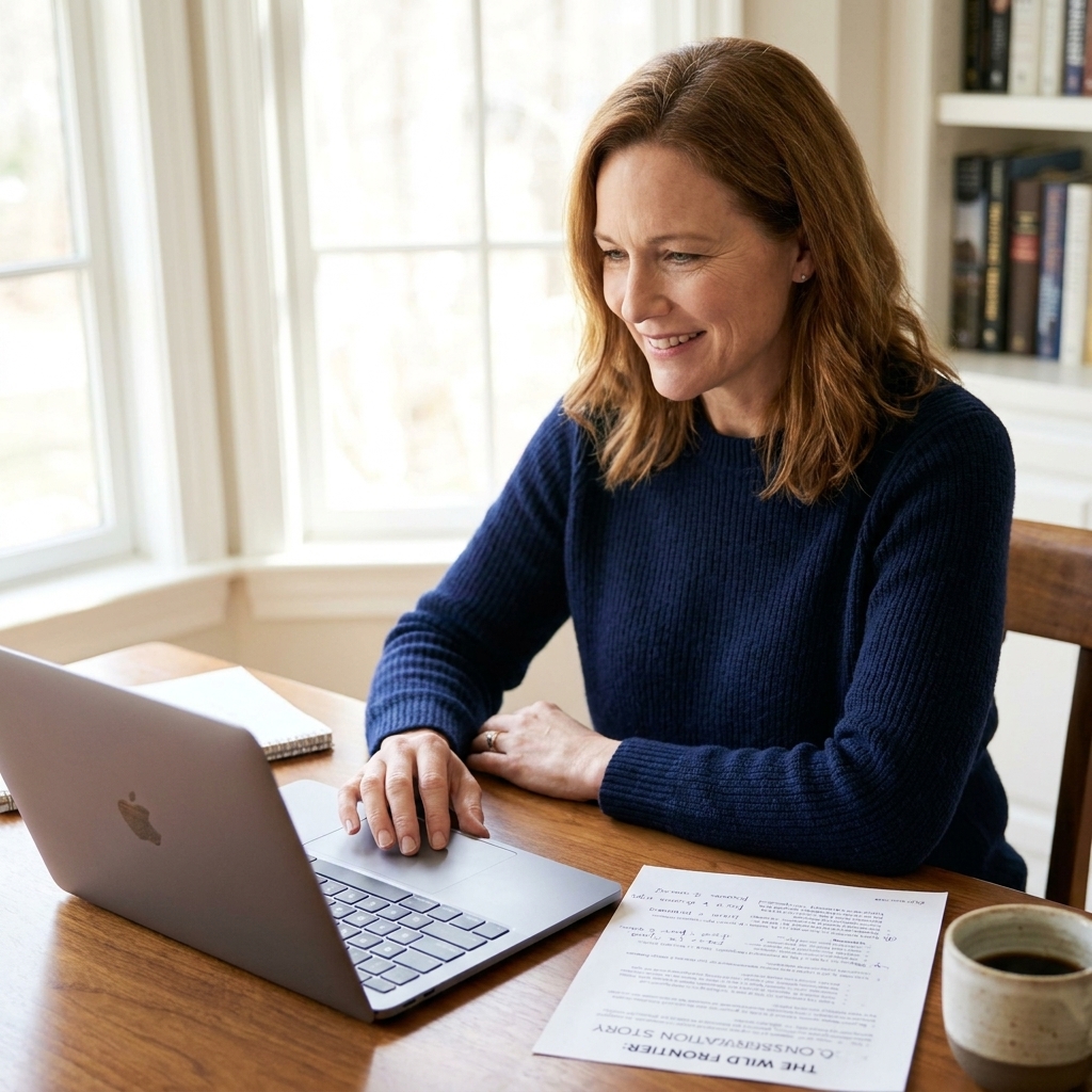 A filmmaker scrolling through a documentary pitch deck on a laptop while printed notes and a coffee cup sit on the table