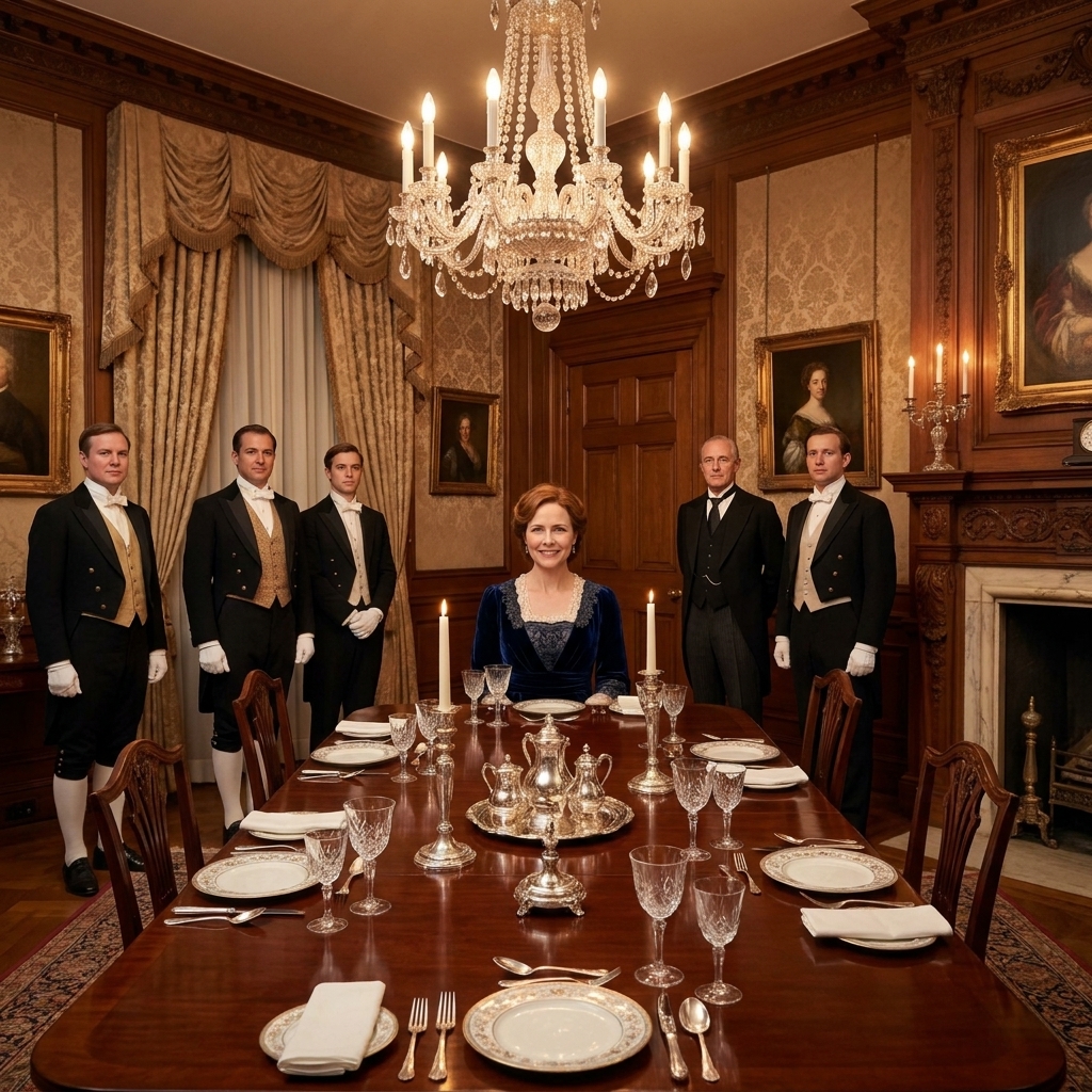 A formal Edwardian dining room with a long table set for dinner, servants in uniform at attention, and warm chandelier lighting