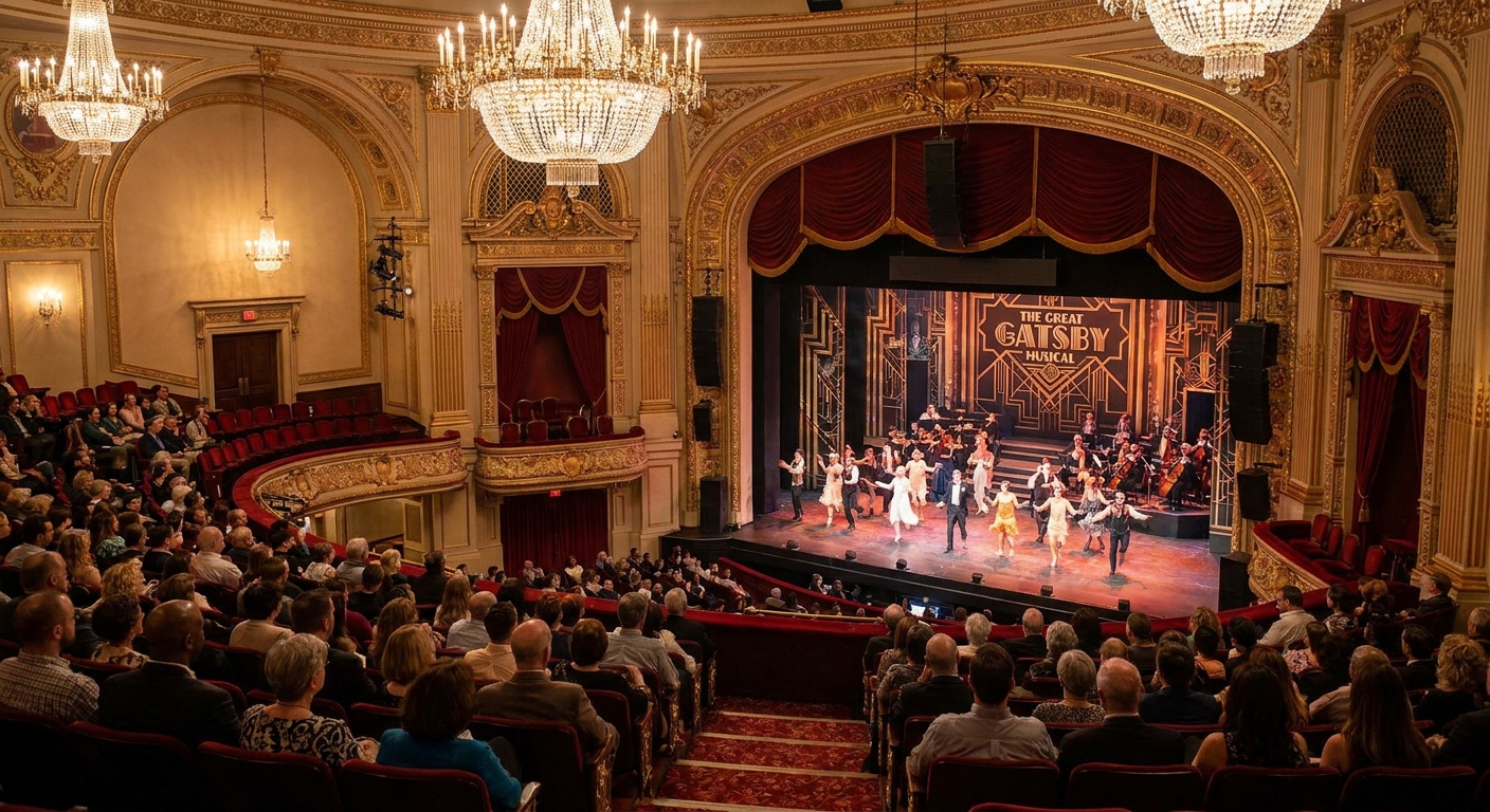 A front mezzanine seating section in a large performing arts center, looking down toward a brightly lit stage during a musical