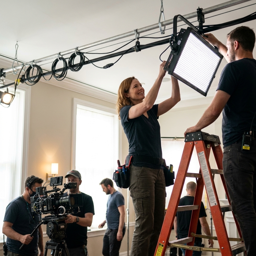 A gaffer and crew member adjusting an overhead lighting fixture rigged on speed rail above a set, with safety cables, neatly secured cabling, and a camera crew preparing nearby