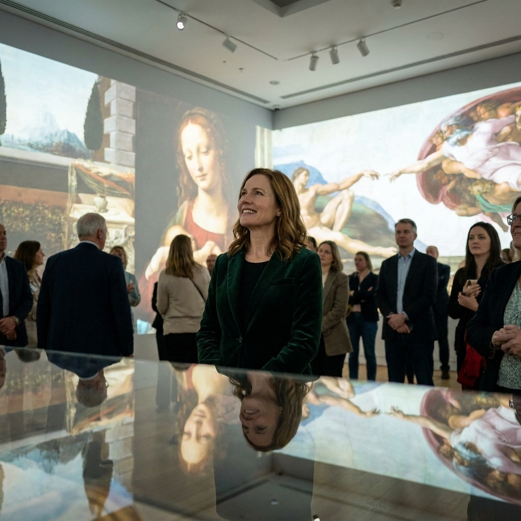 A gallery room in London with projected classical artworks surrounding visitors on all sides, with soft lighting and a reflective floor