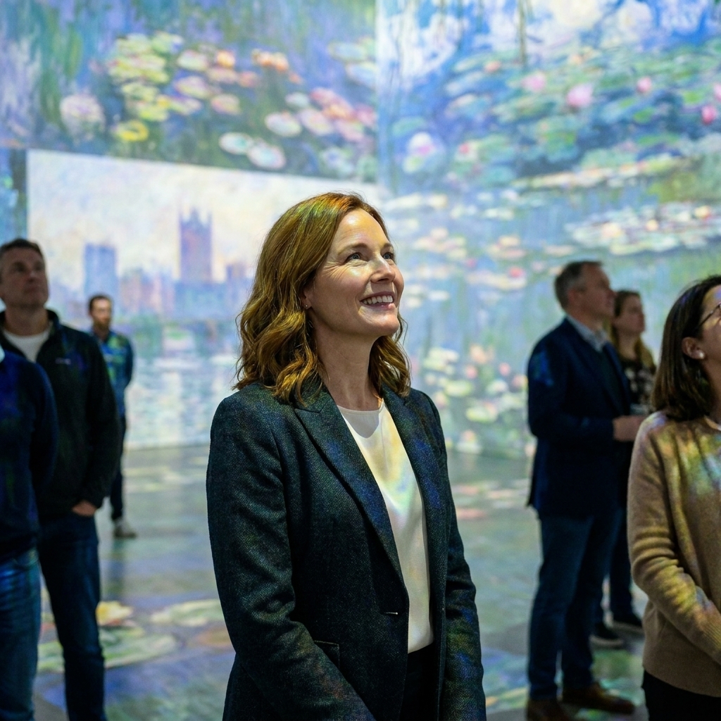 A gallery space at Frameless in London where enlarged projected paintings cover the walls and floor while visitors stand and watch