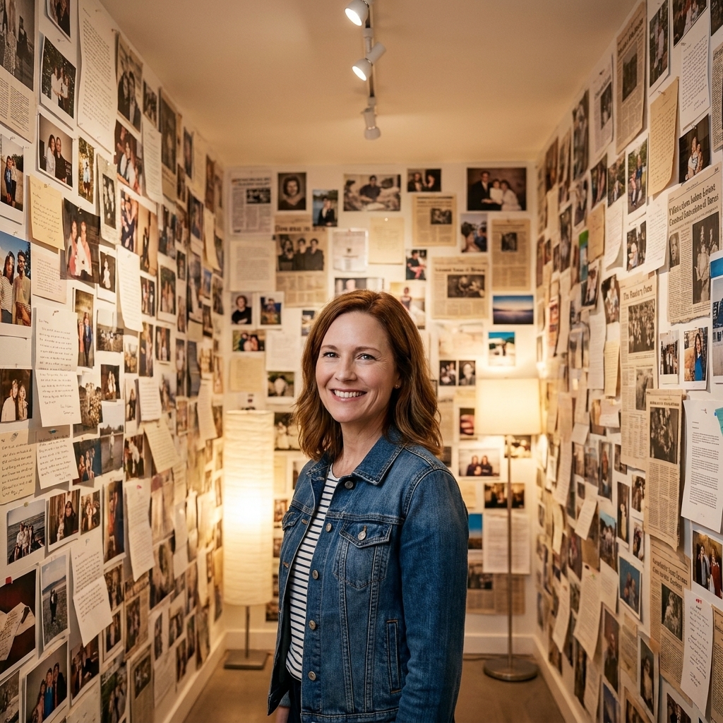 A gallery space where personal photographs and printed materials cover walls in a dense installation, creating an immersive room-like environment