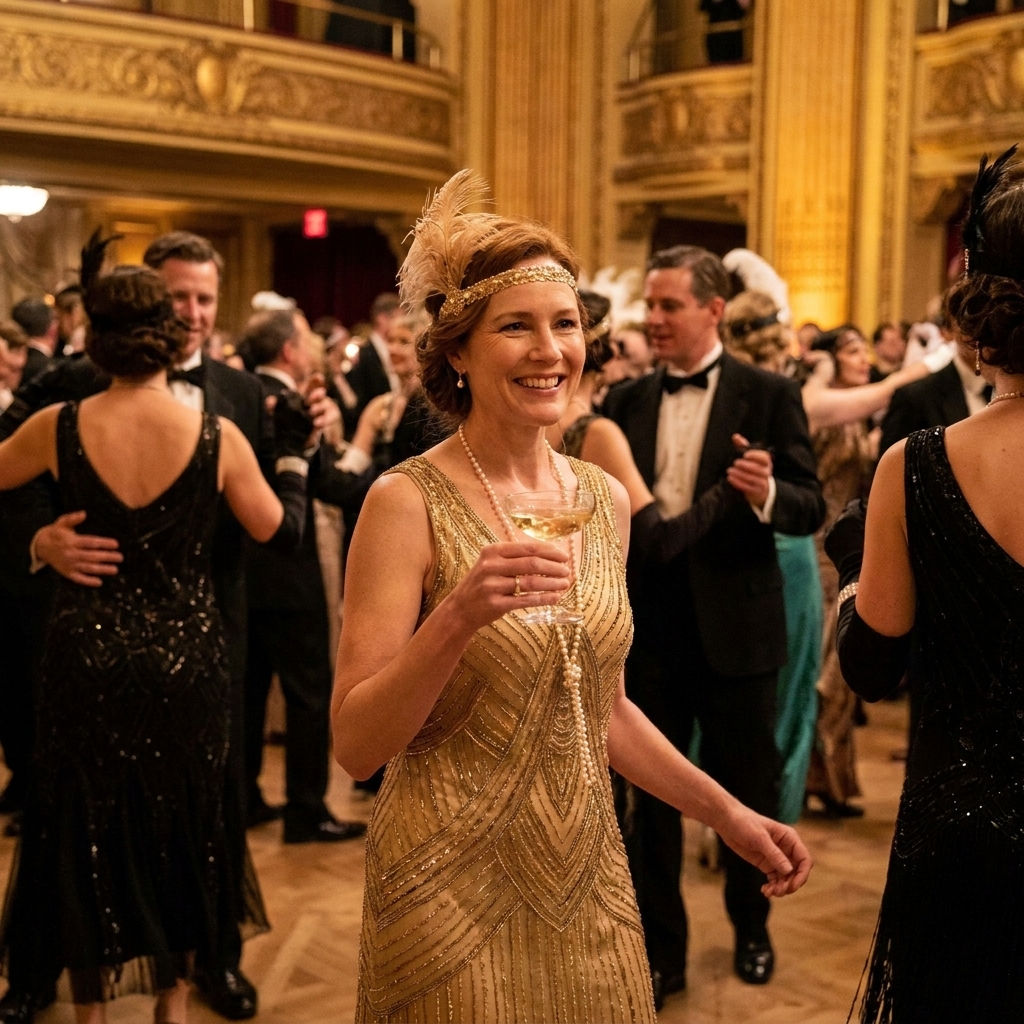 A glamorous 1920s-style ballroom with warm gold lighting and guests in eveningwear moving through a richly decorated interior, evoking an immersive Gatsby party