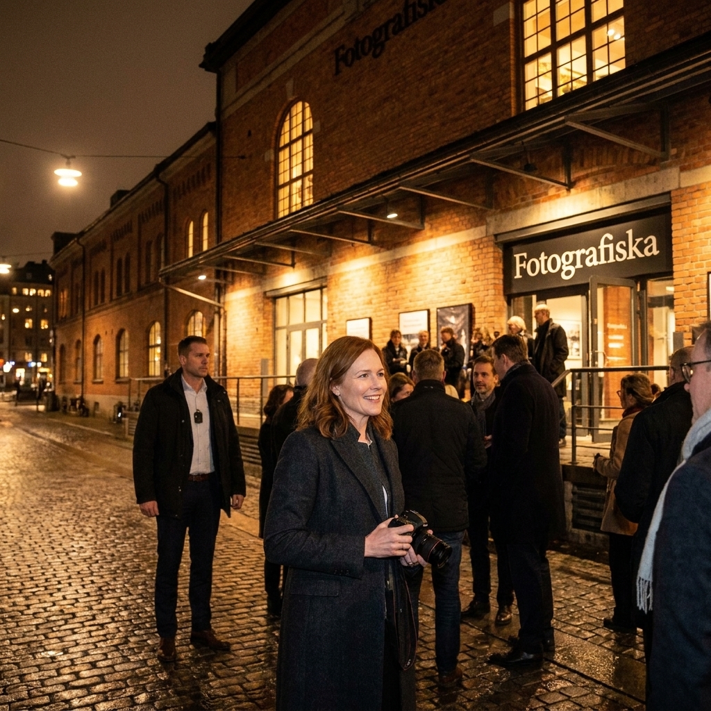 A grand historic building exterior associated with Fotografiska, photographed at night with warm lights and people gathered near the entrance