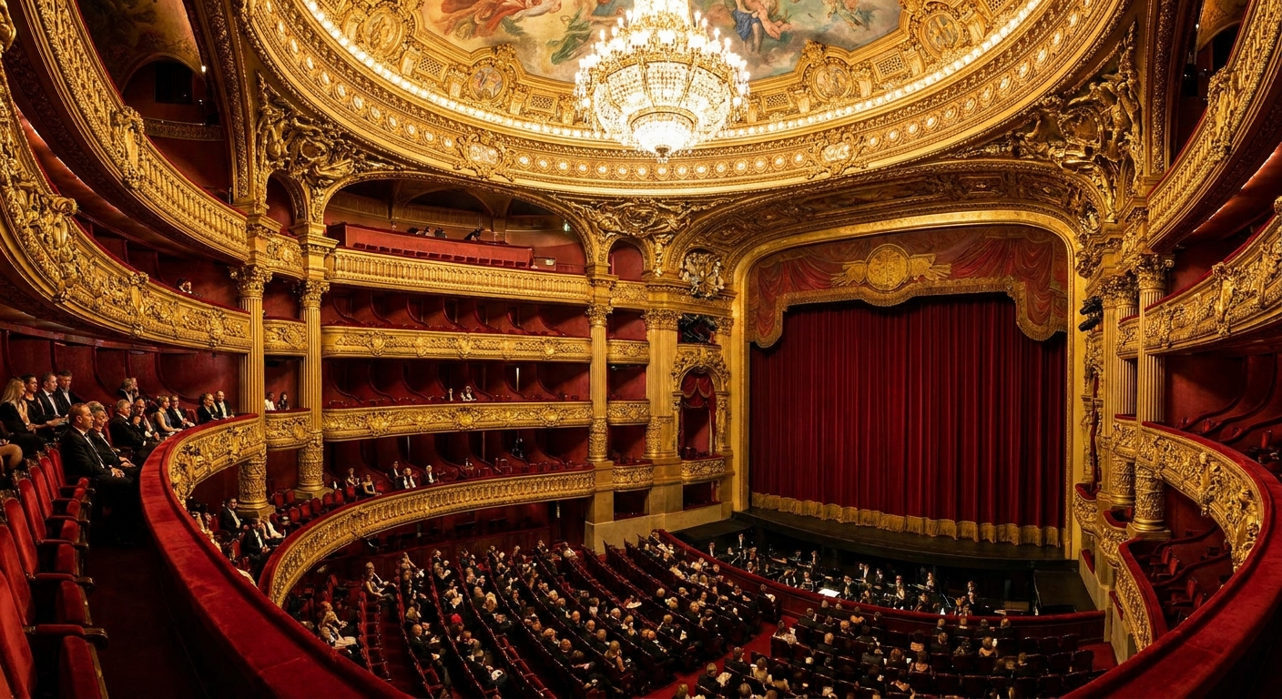 A grand opera house auditorium with red velvet seats and gold detailing, viewed from the mezzanine