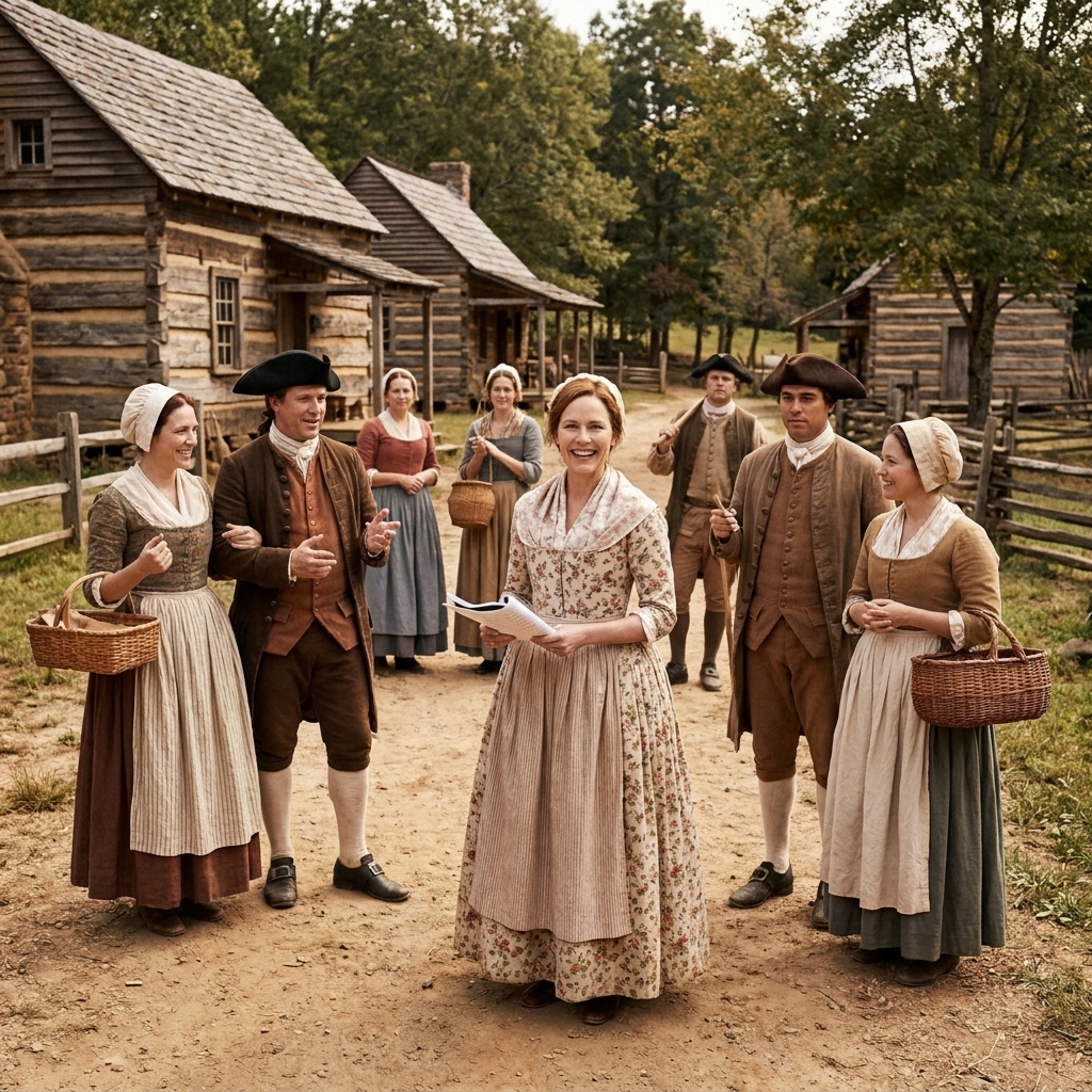 A group of actors in 18th-century clothing posed outdoors on a rural set with period cabins and dirt paths, historical television publicity photo