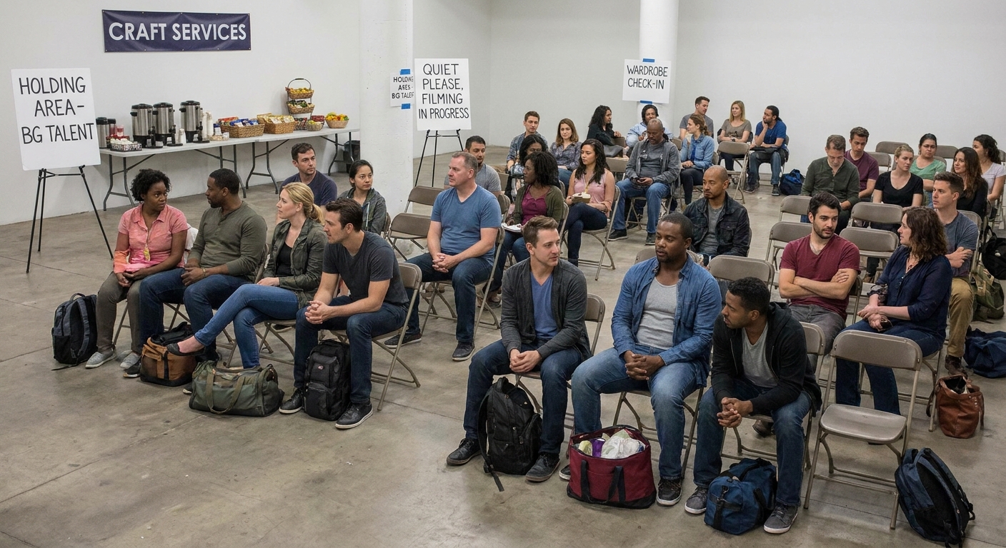 A group of background actors sitting in folding chairs in a large indoor holding area with personal bags at their feet, a craft table in the corner, and production signage in the background