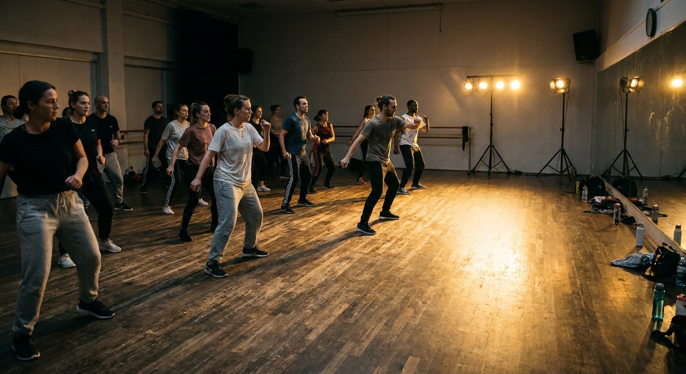 A group of background performers rehearsing choreography in rehearsal clothes under bright stage-style lights