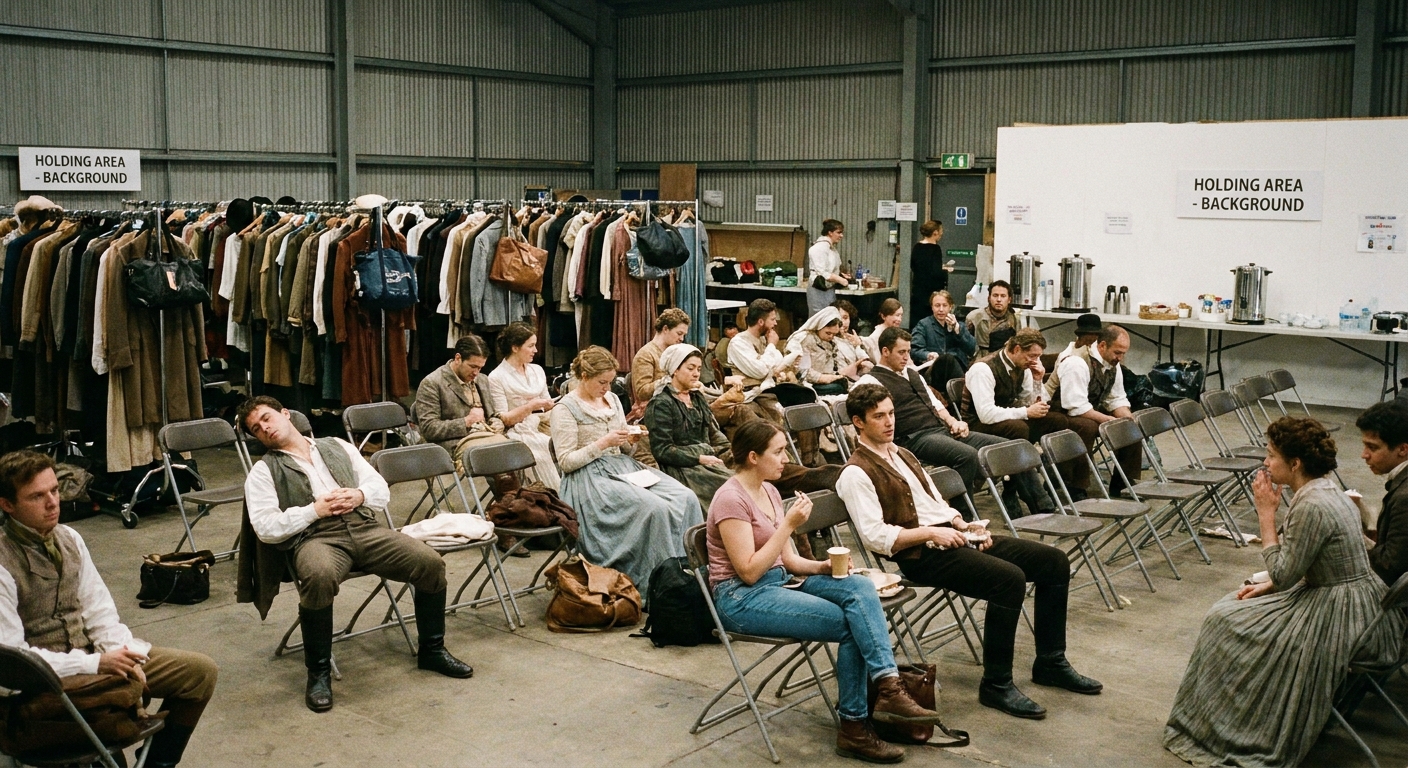 A group of background performers waiting in a production holding area with folding chairs and wardrobe racks, candid on-set photograph