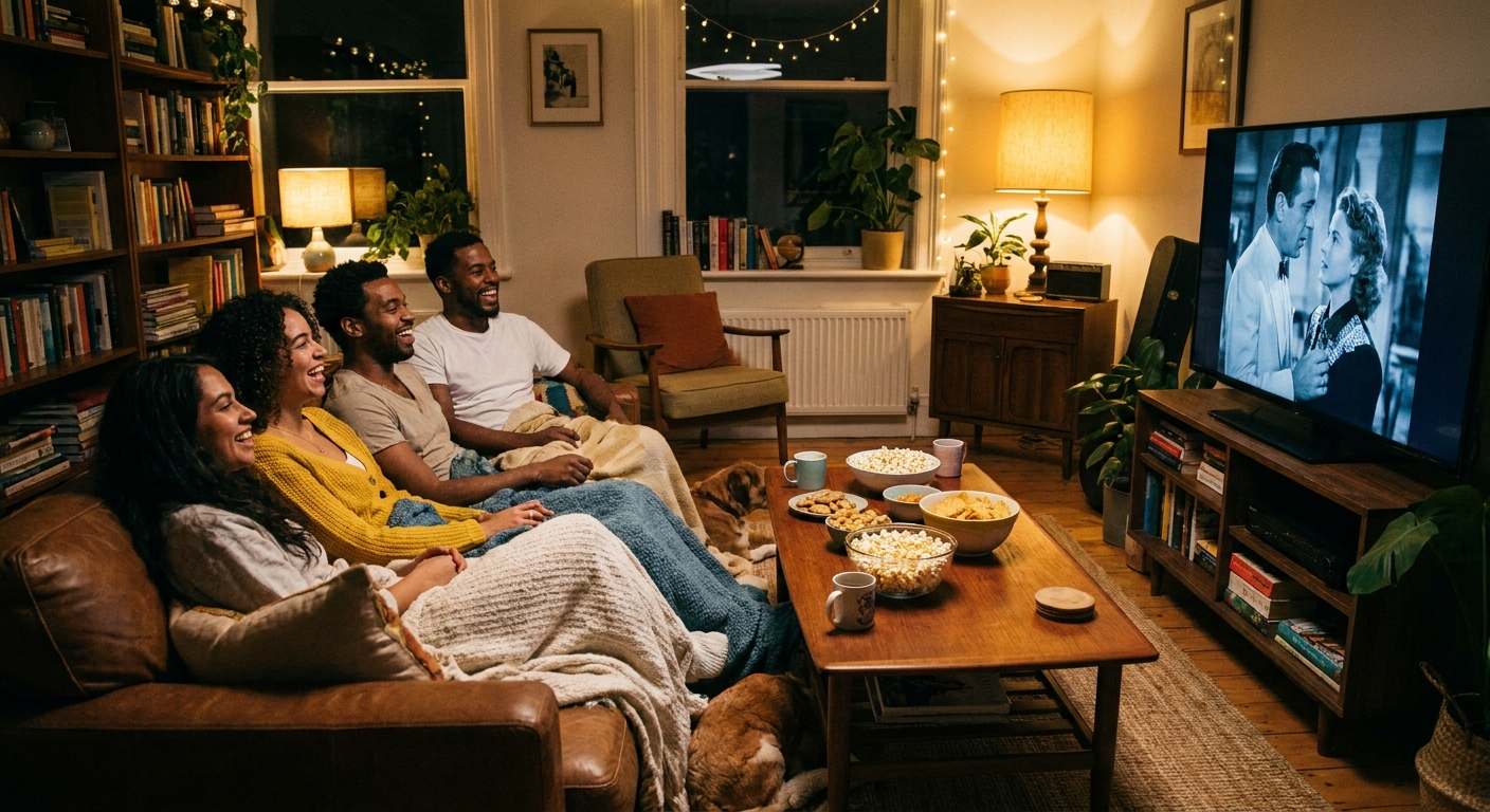 A group of friends on a couch in a cozy living room watching a movie at night with bowls of popcorn on a coffee table
