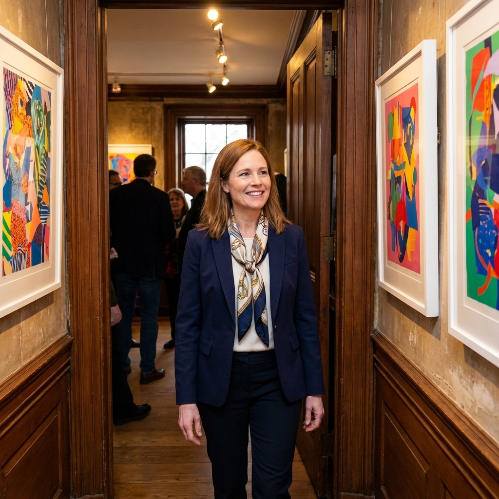 A historic house museum gallery with brightly colored contemporary prints installed in a sequence, visitors moving through narrow rooms