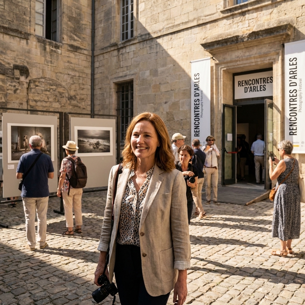 A historic stone courtyard in Arles filled with festival visitors walking between photography exhibition entrances on a sunny day