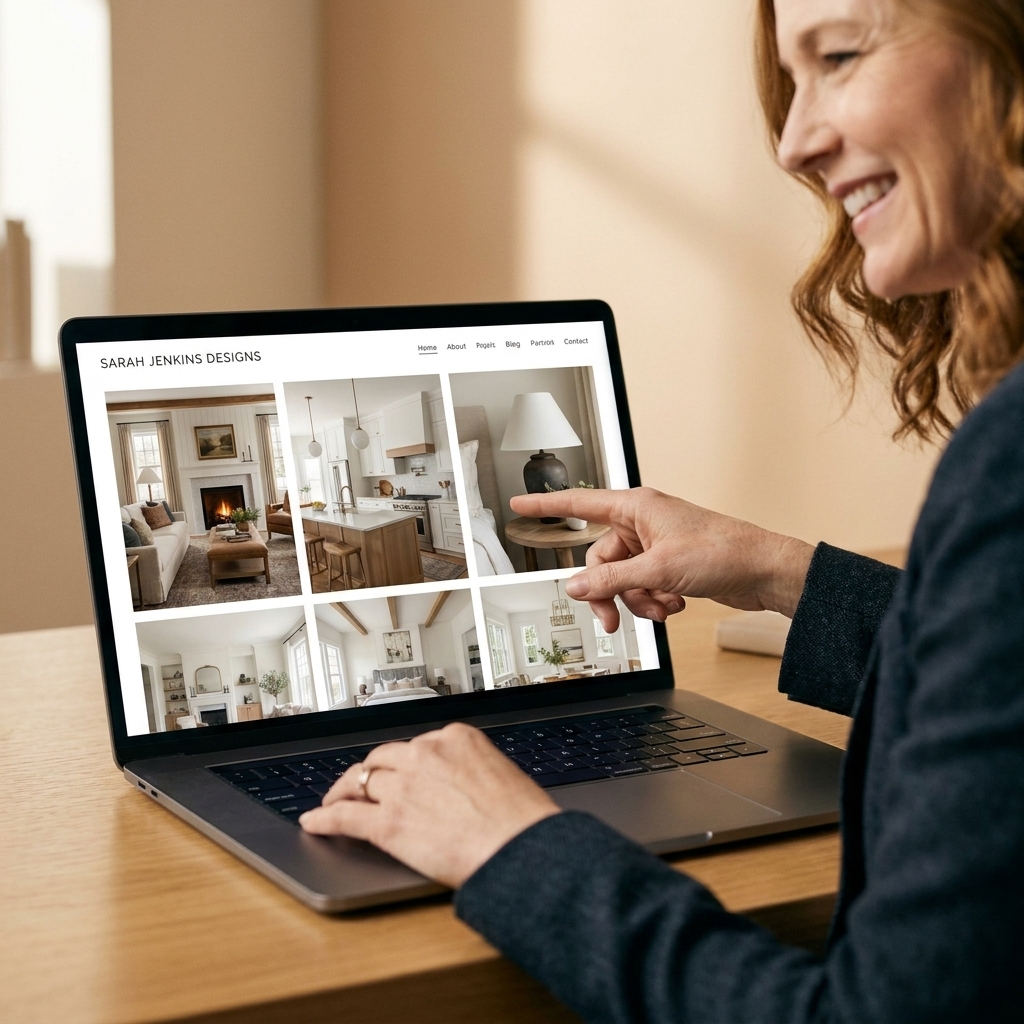 A laptop on a desk displaying a clean online portfolio page with interior set photos and project thumbnails