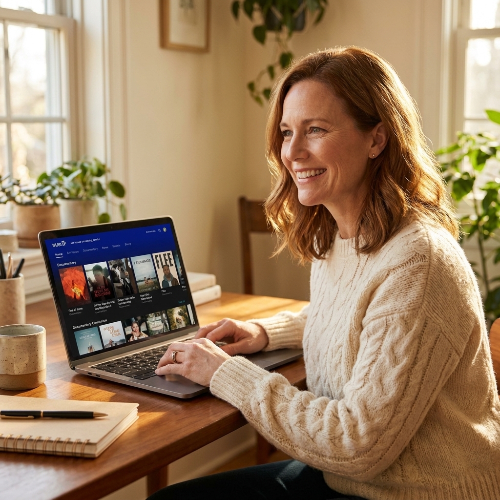 A laptop open on a desk displaying an art-house streaming service catalog page with documentary thumbnails in afternoon window light