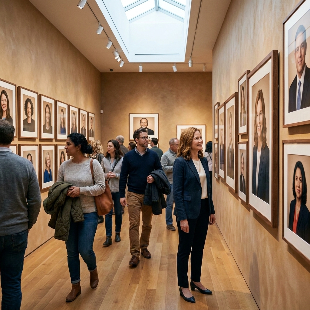 A large gallery space with rows of framed portrait photographs and visitors moving slowly through the exhibition