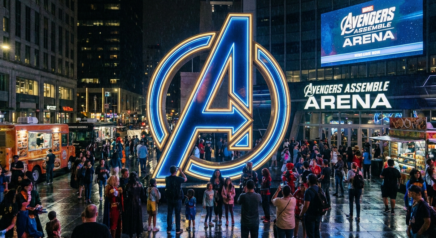A large illuminated Avengers logo display outside an entertainment venue at night with people gathered nearby