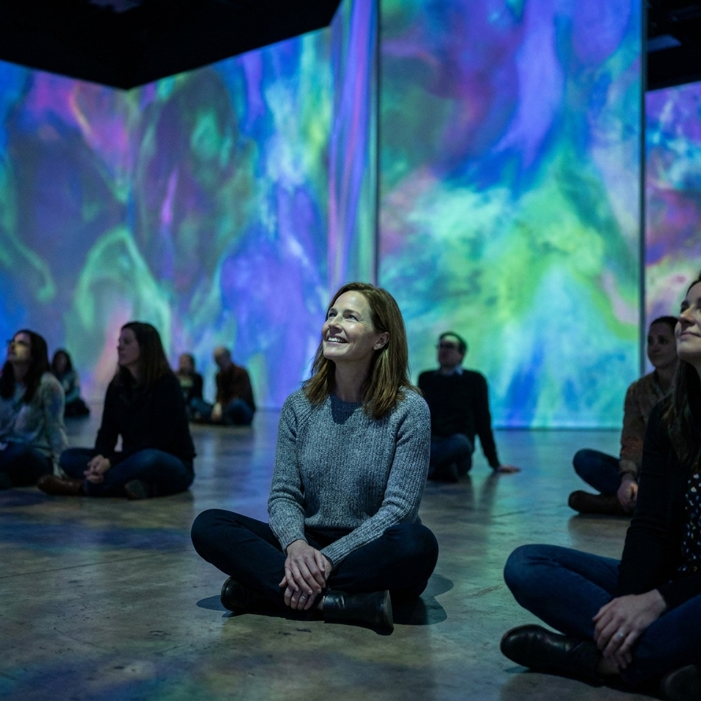 A large immersive room with floor-to-ceiling digital projections of abstract color fields, with visitors seated on the floor watching