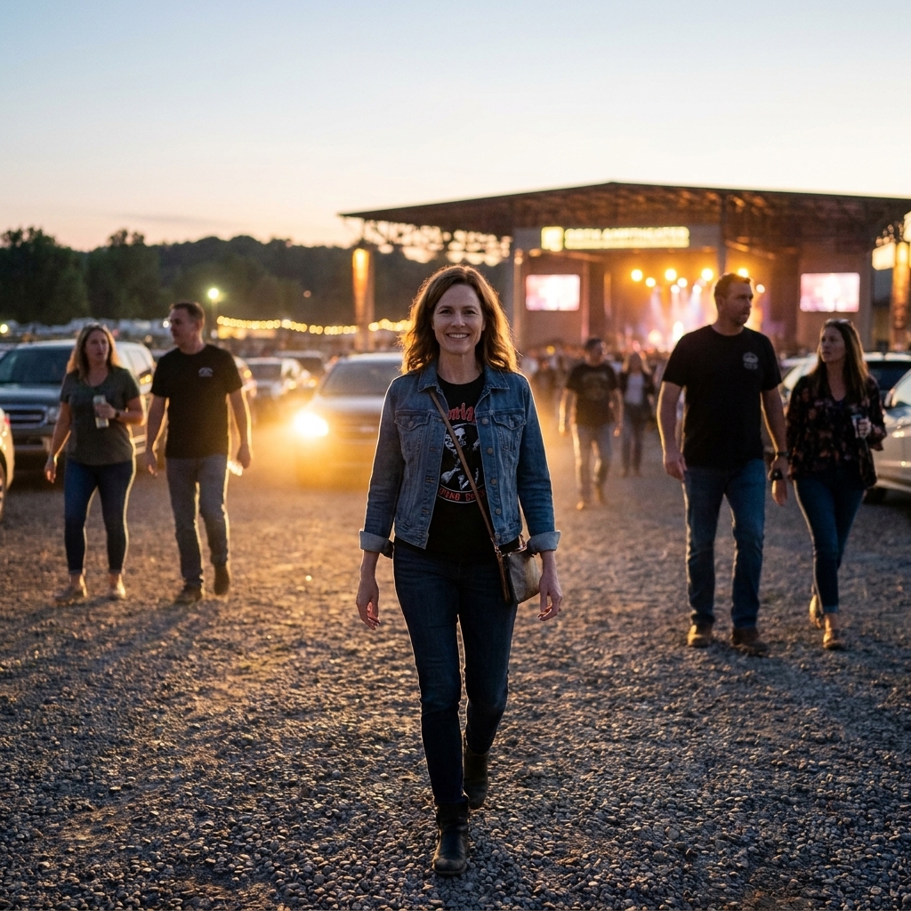 A large outdoor amphitheater parking lot at dusk with concertgoers walking toward the entrance, venue lights glowing in the distance