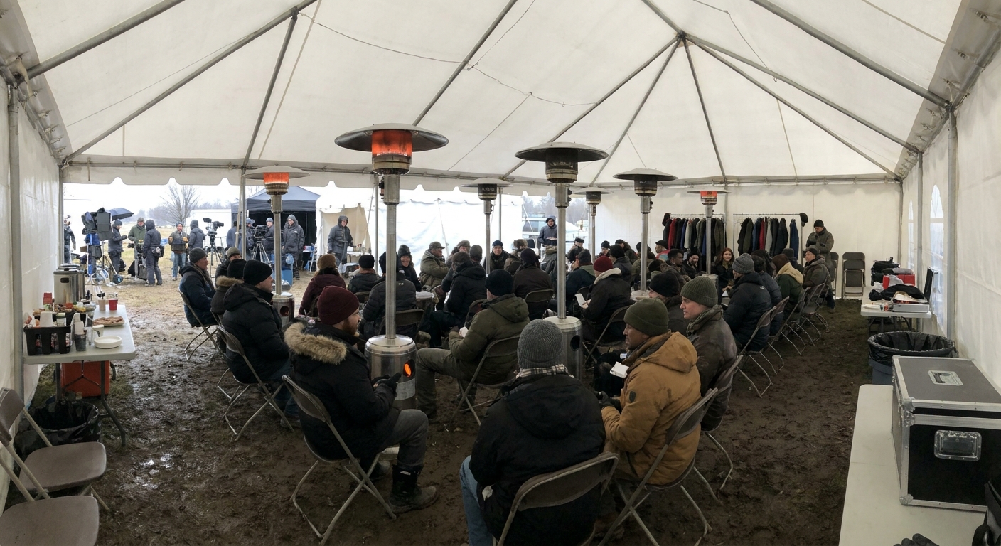 A large outdoor event tent used as film set holding with folding chairs, portable heaters, and several background actors wearing winter coats